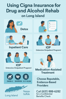 Professional addiction treatment center in Long Island accepting Cigna insurance, showing comprehensive drug and alcohol rehabilitation facility in Nassau and Suffolk County with evidence-based recovery programs